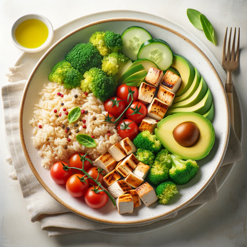 Does Rice Make You Fat? An Evidence-Based Guide 4 Healthy balanced meal with brown rice, protein, vegetables, and healthy fats for weight management